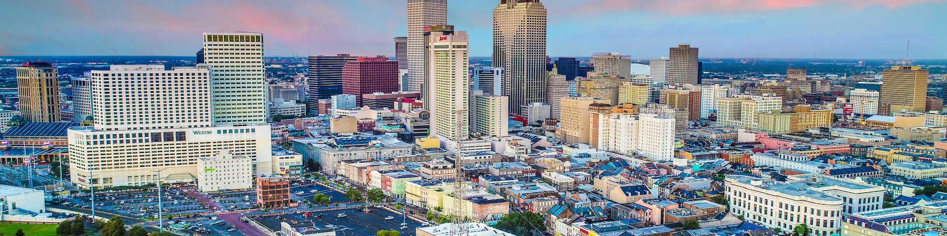 Drone Aerial of Downtown New Orleans, Louisiana, USA Skyline
