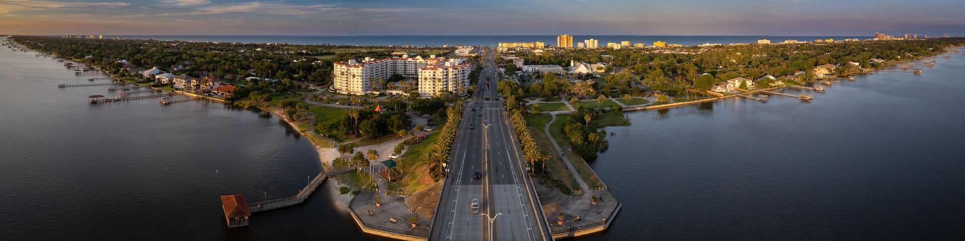 Aerial panorama of Ormond Beach, Florida, over the Halifax River