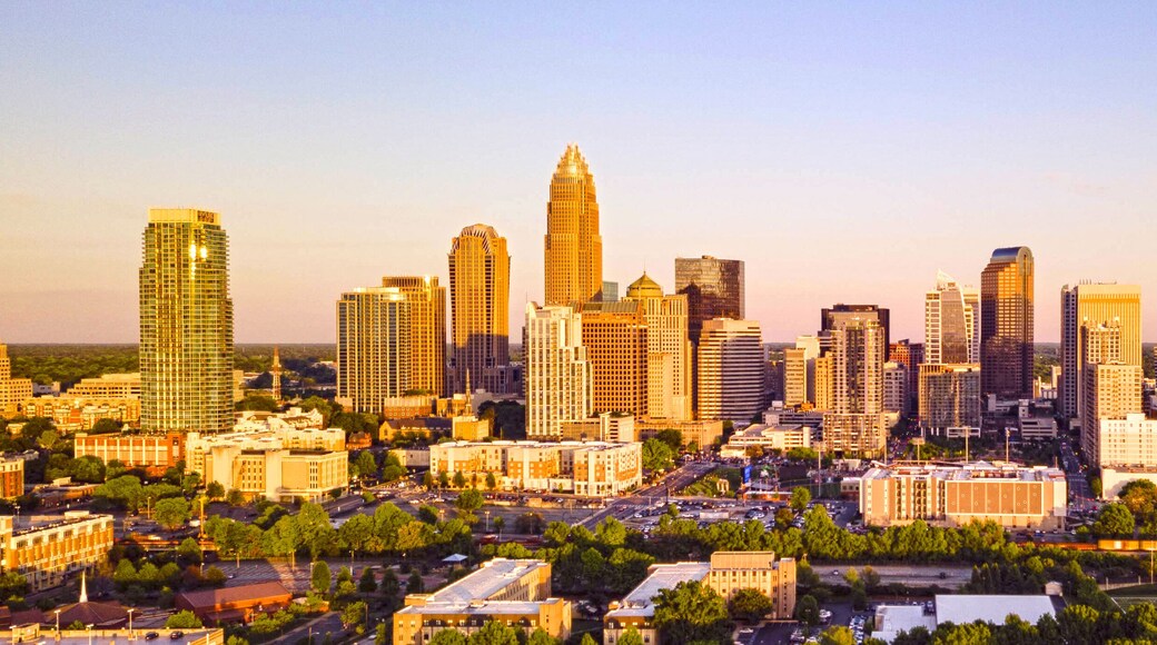 Aerial Fly in Over Charlotte North Carolina Downtown City Skyline