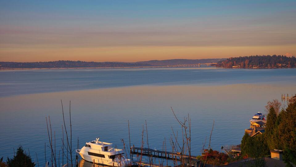 2020-05-23 MERCER ISLAND SHORELINE LOOKING NORTH TOWARDS LAKE WASHINGTON AND THE 520 FLOATING BRIDGE