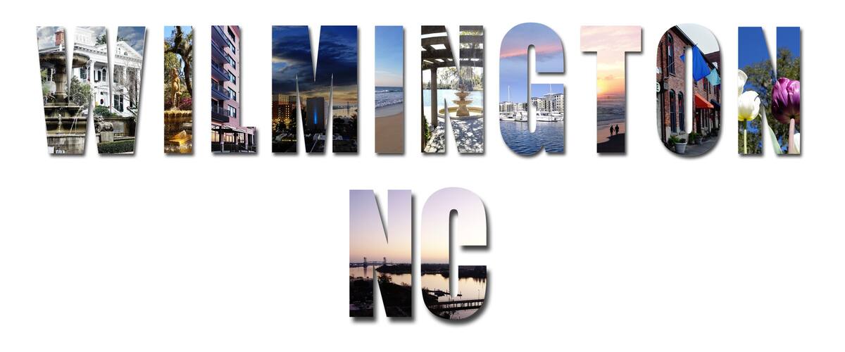 Text collage of assorted images from around Wilmington NC isolated on white