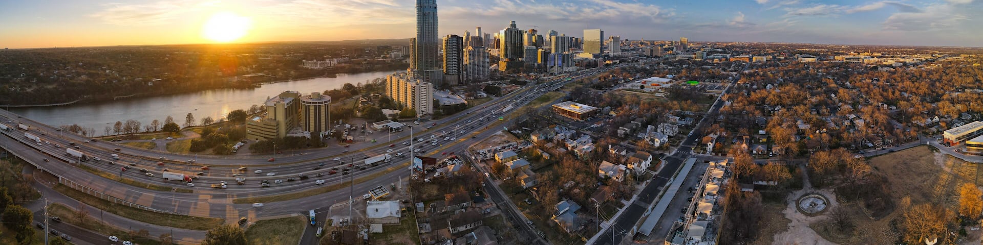 Downtown Austin from the East at Sunset: 180 Degree Aerial Panorama