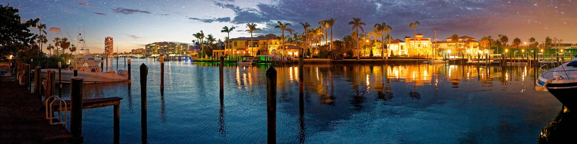 Boca Raton skyline and reflections on a starry night, Florida