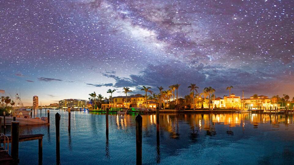 Boca Raton skyline and reflections on a starry night, Florida