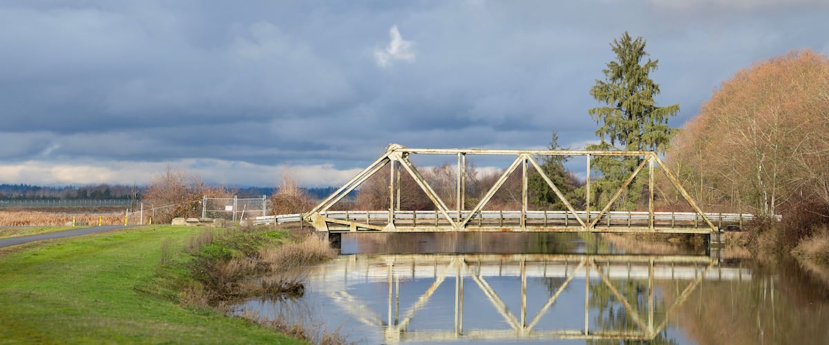 A metal bridge over a calm river, surrounded by trees and a cloudy sky.