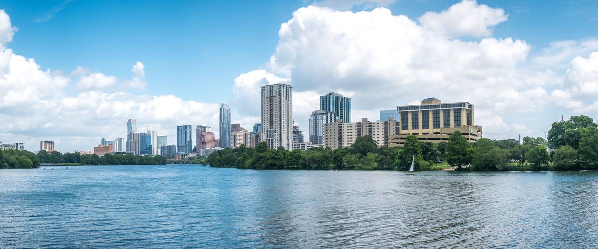 Wide Panorammic View of Austin Skyline from Lady Bird Lake