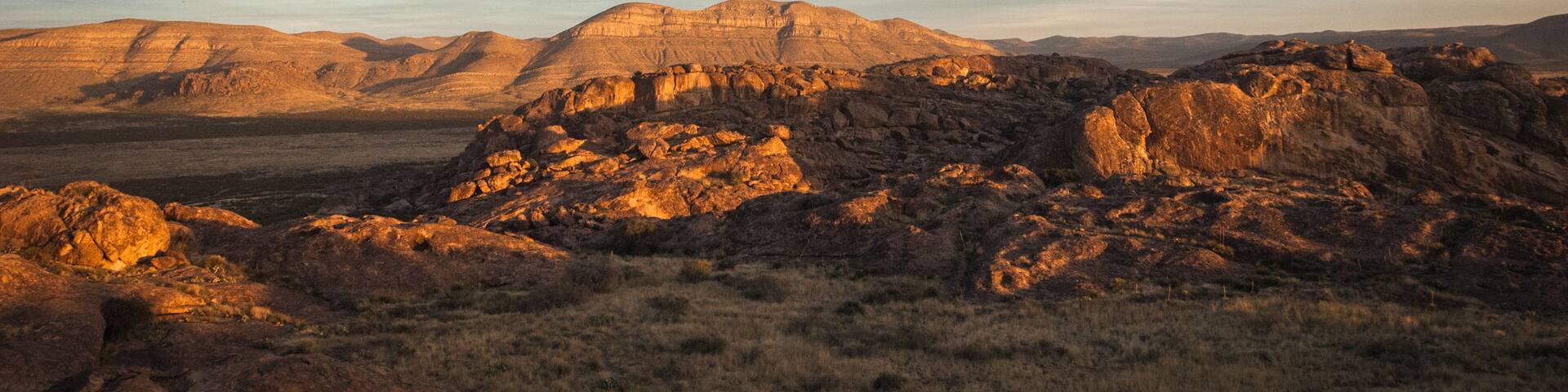 Sunset landscape view at Hueco Tanks State Park in El Paso, Texas.