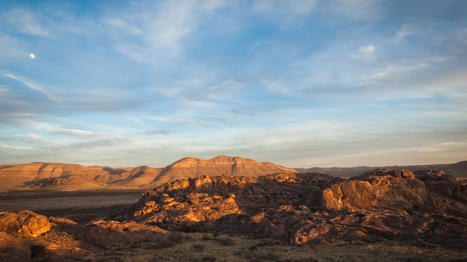 Sunset landscape view at Hueco Tanks State Park in El Paso, Texas.