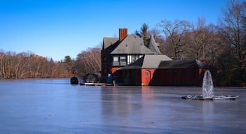 Une grande maison avec un toit en pente et une cheminée, située au bord d’un lac gelé, avec des arbres sans feuilles en arrière-plan.