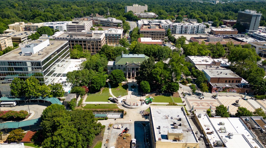 Aerial view flying towards Decatur square in Decatur Georgia on a beautiful sunny day