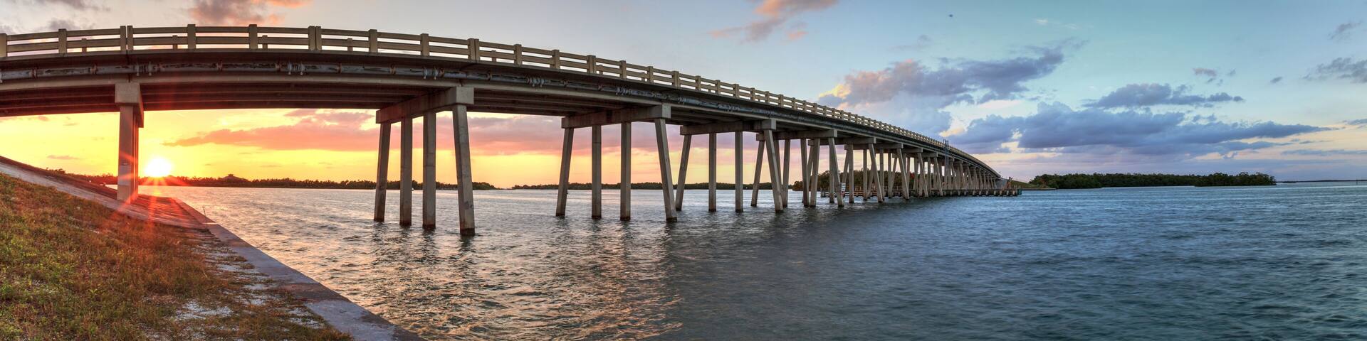 Sunset over Bridge along Estero Boulevard, crossing over New Pass from Estero Bay in Bonita Springs