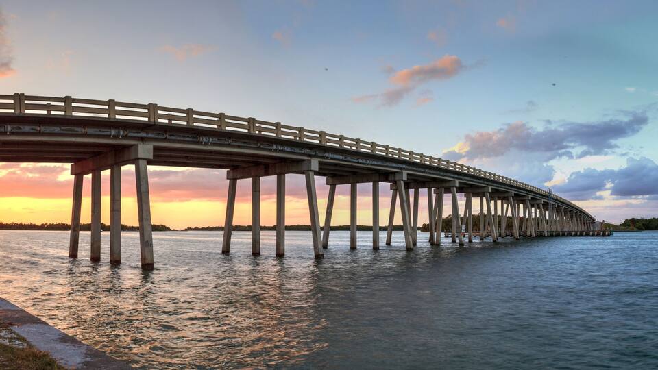 Sunset over Bridge along Estero Boulevard, crossing over New Pass from Estero Bay in Bonita Springs