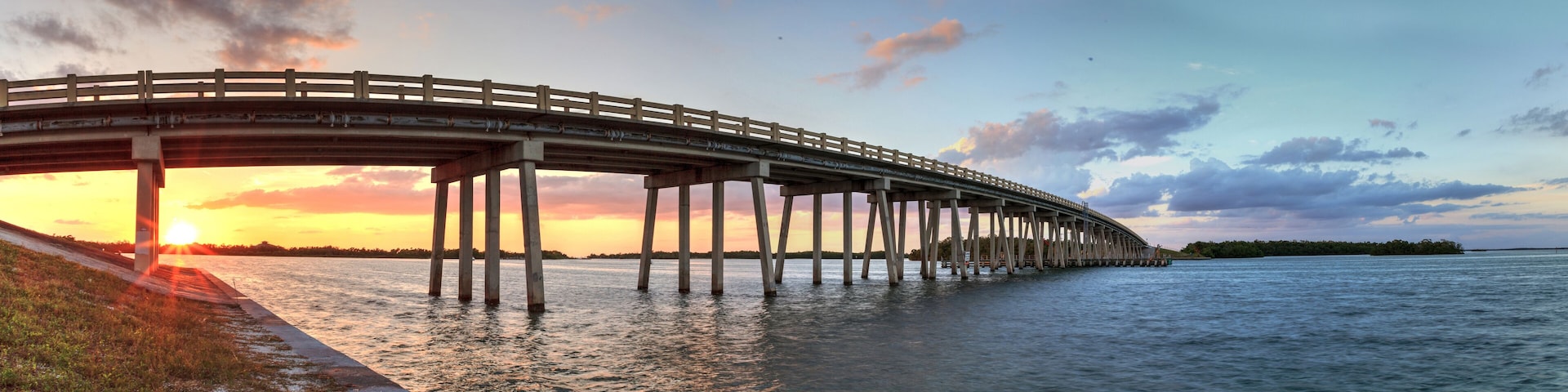 Sunset over Bridge along Estero Boulevard, crossing over New Pass from Estero Bay in Bonita Springs