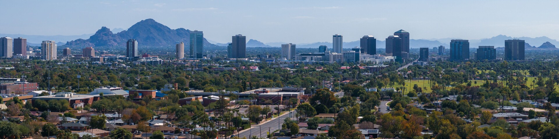 Phoenix city downtown skyline cityscape of Arizona in USA. Top view of downtown Phoenix Arizona on a summer day in USA.