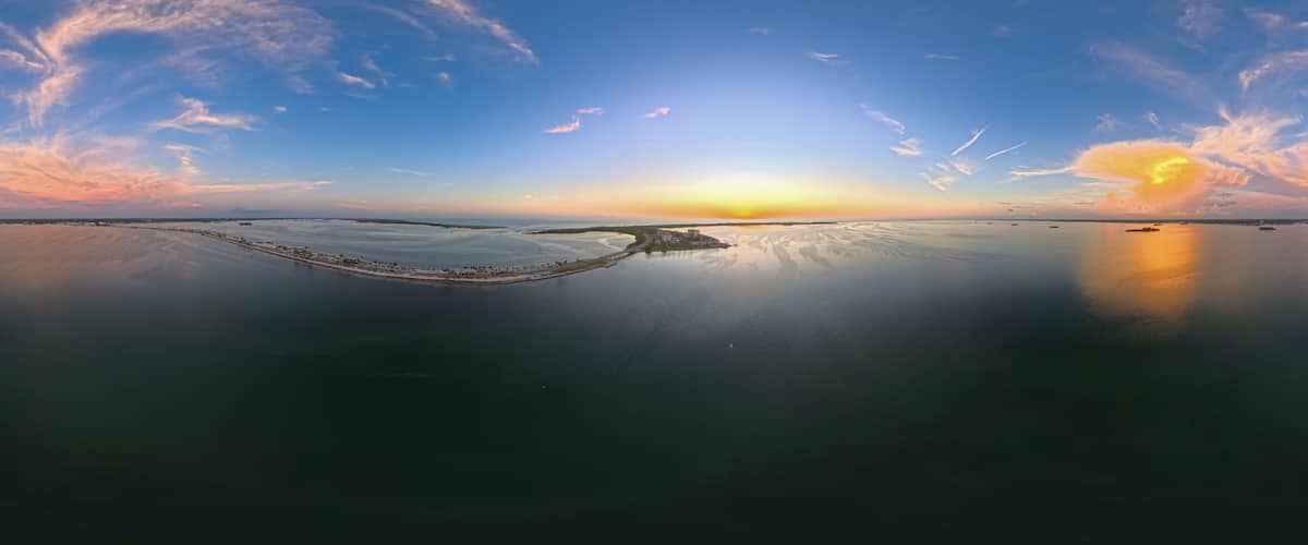 360 Aerial Panorama of Dunedin Causeway at Sunset over St. Joseph Sound, Florida