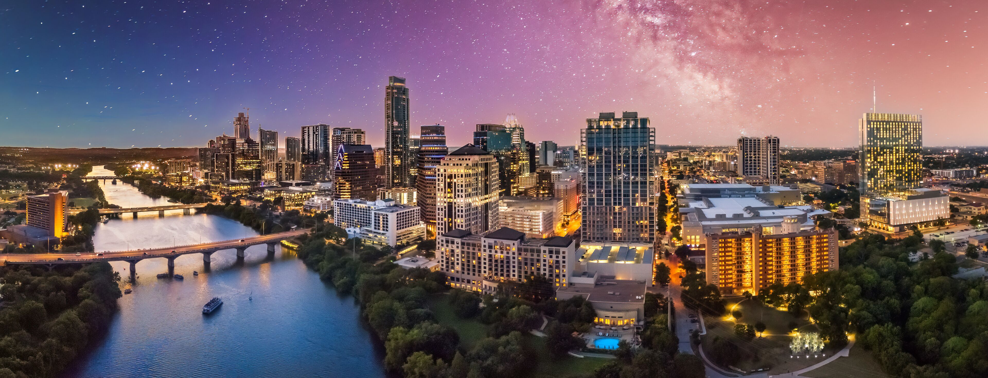 Austin Texas skyline with milky way and stars