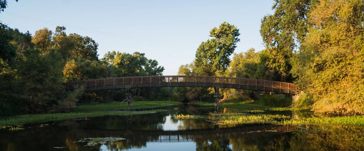 Long footbridge over marina in Clearlake in California