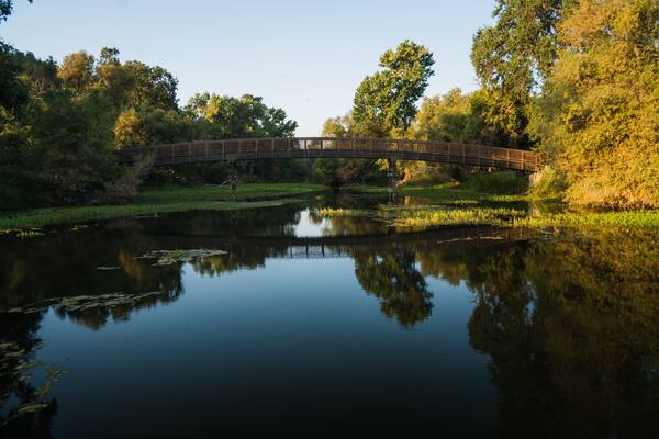 Long footbridge over marina in Clearlake in California