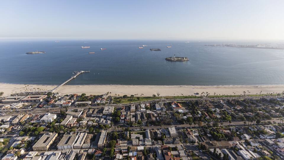 Aerial view of the Bluff Park and Belmont Shore neighborhoods in Long Beach, California. ; Shutterstock ID 686178859; Purchase Order: -