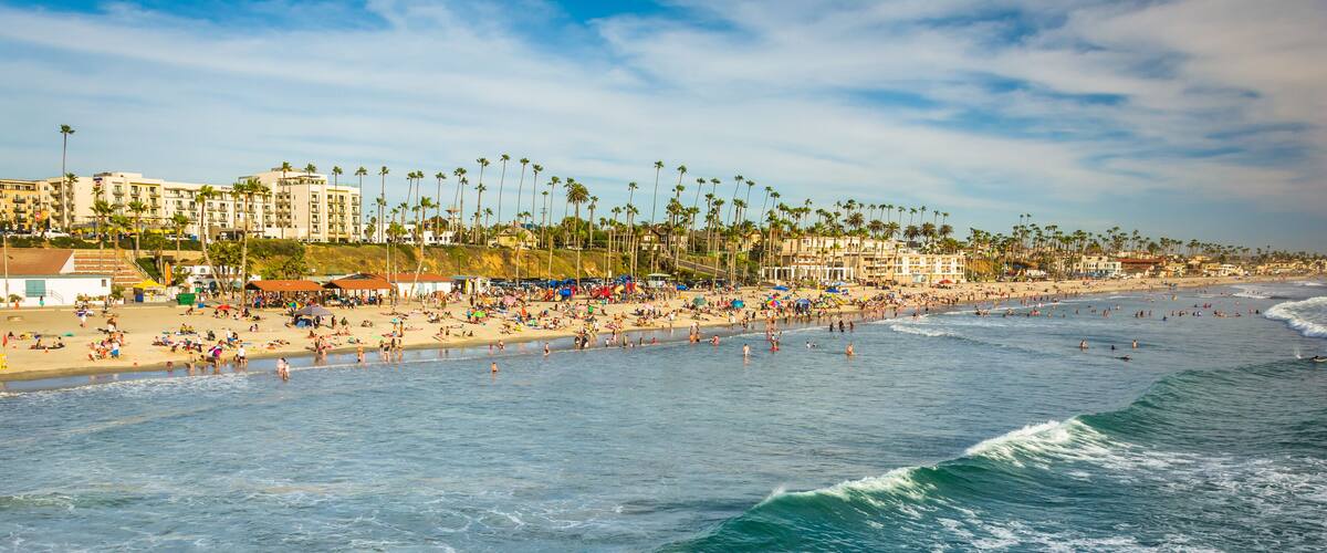 A beach with palm trees, people, and buildings in the background.