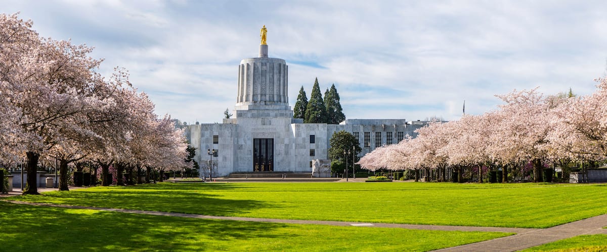 A large building with a statue on top, surrounded by cherry blossom trees.