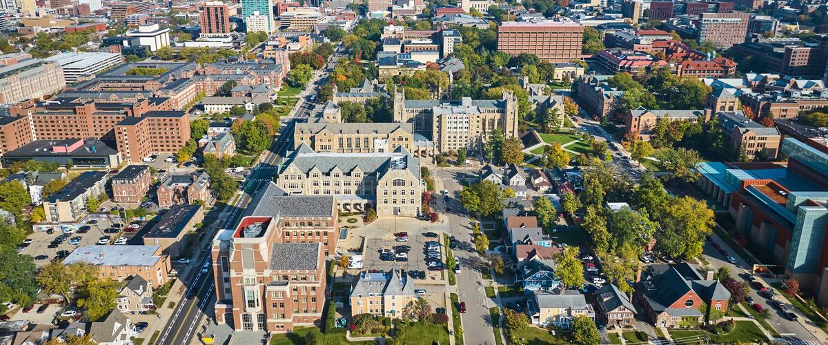 Aerial View of University of Michigan Campus and Downtown Ann Arbor