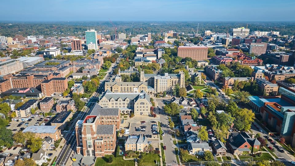 Aerial View of University of Michigan Campus and Downtown Ann Arbor