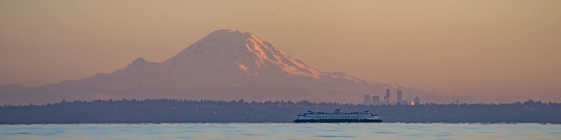 Panorama of Mount Rainier Towering Over Seattle and Edmonds Ferry