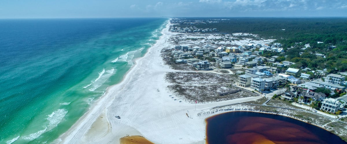 High Altitude Aerial View of a Deserted Grayton Beach, Florida on a Beautiful Weekend Day Amid the COVID-19 Pandemic