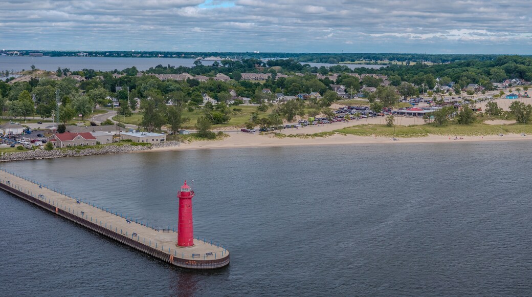 Aerial View of the Muskegon South Pier head Lighthouse and Lake Michigan Shoreline Muskegon, Michigan, USA