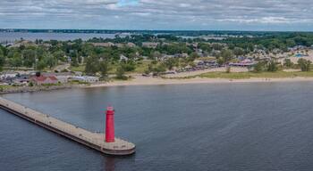 Aerial View of the Muskegon South Pier head Lighthouse and Lake Michigan Shoreline Muskegon, Michigan, USA