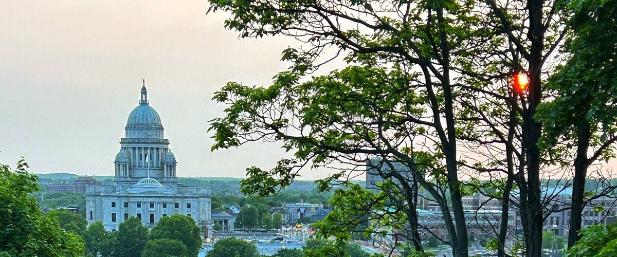 Prospect Terrace Park Skyline in the College Hill Neighborhood, Capital City of Providence, Rhode Island, RI USA, State House, New England Historic House Historic Architecture Condos Sunset
