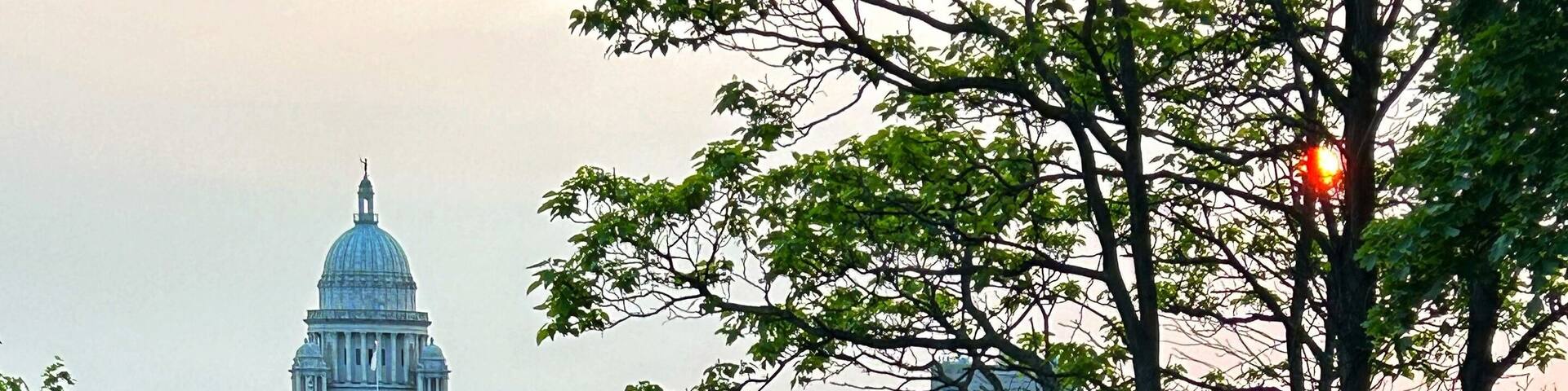 Prospect Terrace Park Skyline in the College Hill Neighborhood, Capital City of Providence, Rhode Island, RI USA, State House, New England Historic House Historic Architecture Condos Sunset