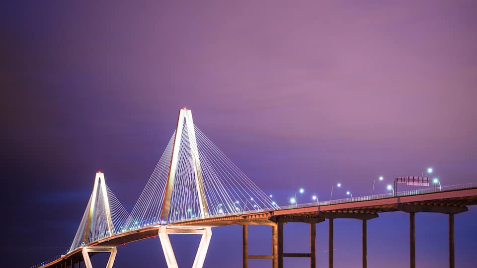 Arthur Ravenel Jr Bridge seen at night with lights, Charleston South Carolina