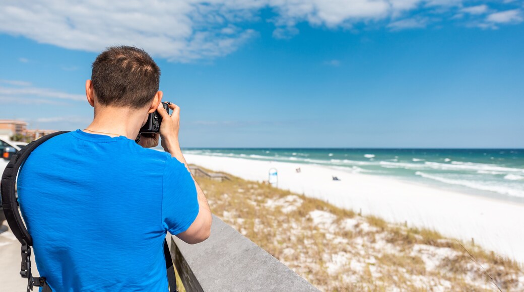 Destin Miramar beach city town village in Florida panhandle gulf of mexico ocean with photographer young man closeup in blue shirt taking picture photo of sand dunes with camera
