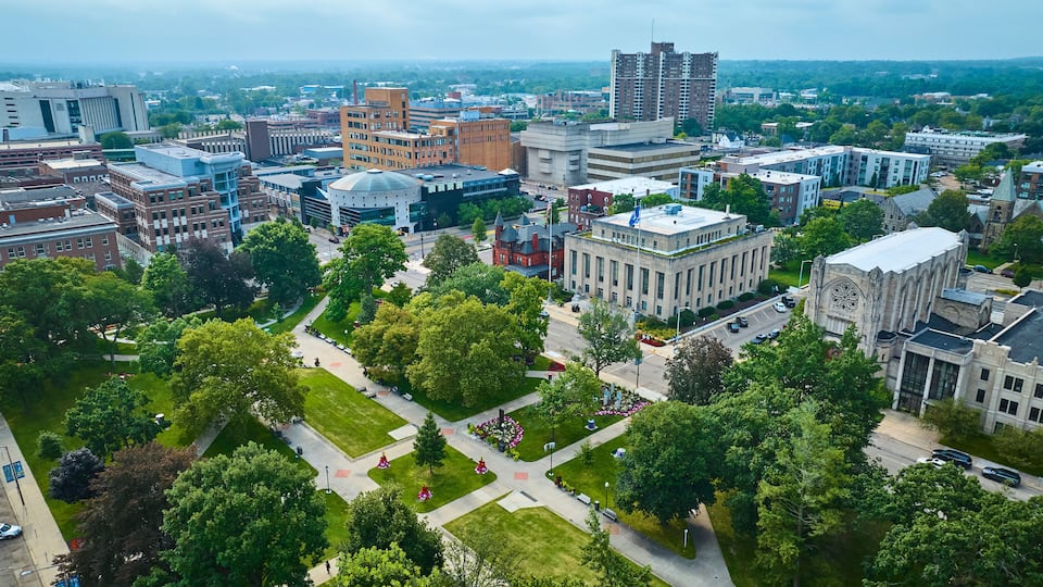 Aerial View of Bronson Park and Historic Downtown Kalamazoo