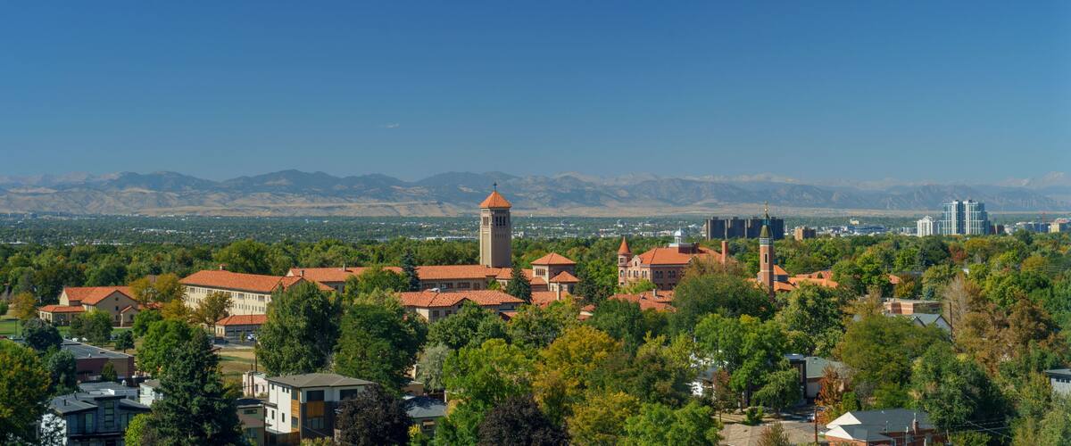 Wide panorama view of the old town in the mountains during summer in Denver, CO