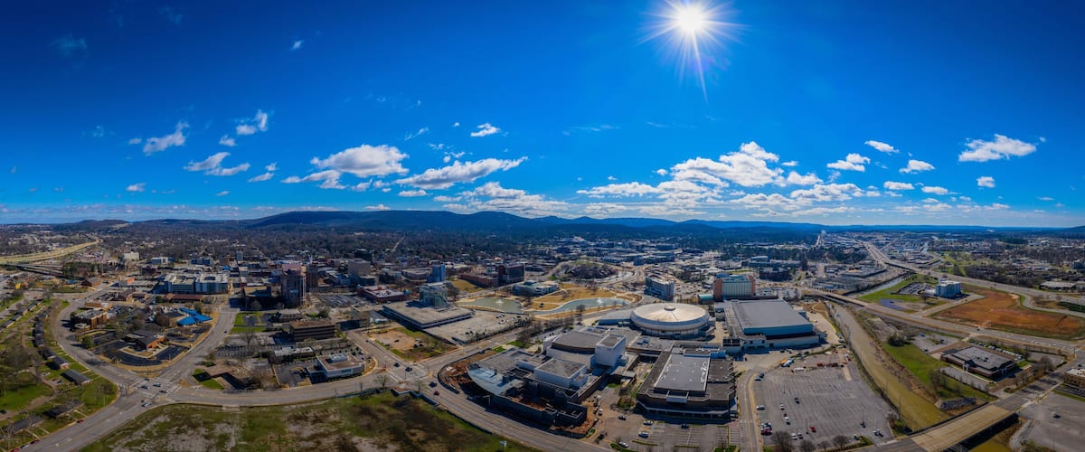 Aerial panoramic view of downtown Huntsville Al flanked by Hwy 231 and Hwy 565.
