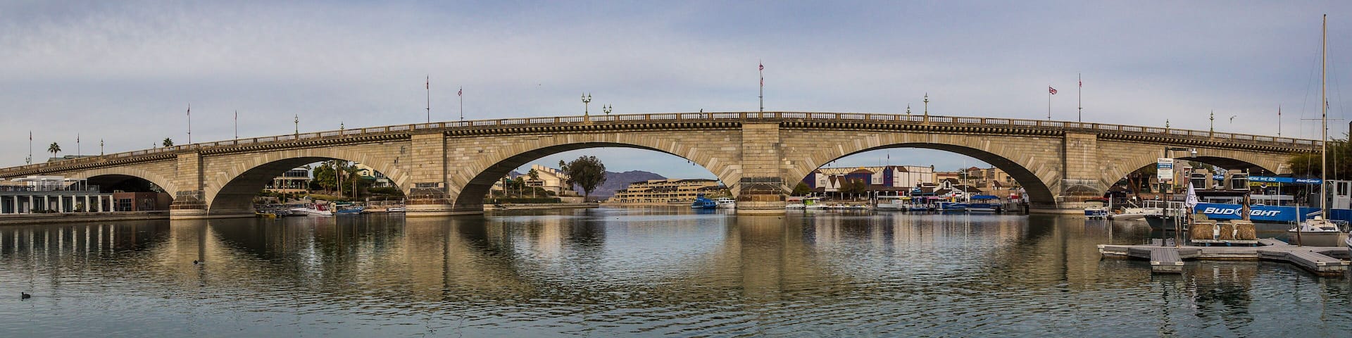 The world famous London Bridge located in Lake Havasu City AZ. This bridge was disassembled in London England and moved piece by piece to Lake Havasu City AZ.