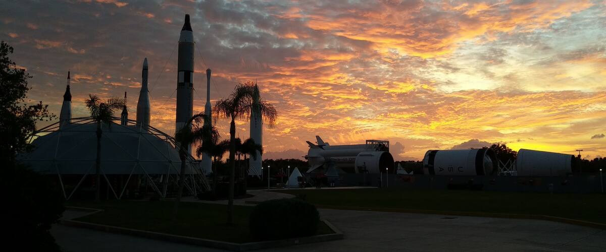 KENNEDY SPACE CENTER, FLORIDA, USA - Rocket Garden view Merritt Island at evening. - November 6, 2018