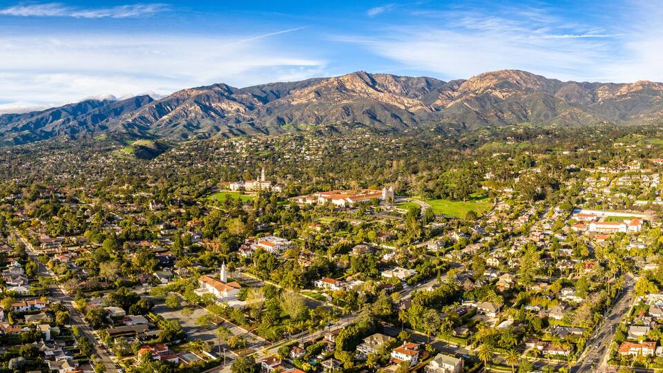 Aerial shot of Santa Barbara California USA, CIty, Streets, Houses, Hills, Mountains, Rocks, Motels