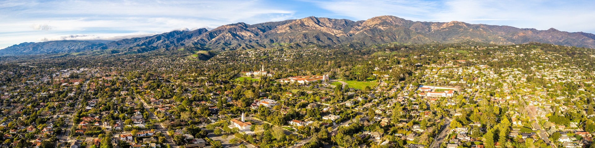 Aerial shot of Santa Barbara California USA, CIty, Streets, Houses, Hills, Mountains, Rocks, Motels