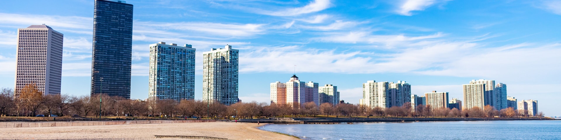 Foster Beach in Chicago with Lake Michigan and the Edgewater Skyline