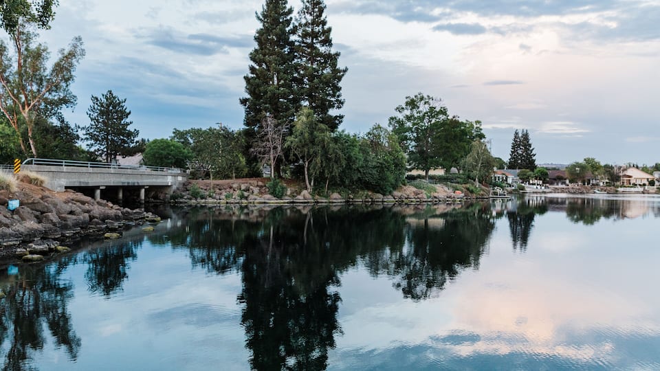 Blue hour sunset with trees reflected in water