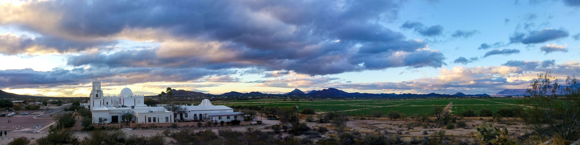 Exterior Mission San Xavier Del Bac at sunset, Tucson, Arizona, USA