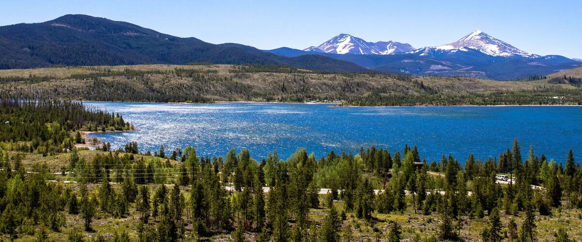 Panoramic view of "The Summit" and Dillon Reservoir near Silverthorne, Colorado, just south of I-70