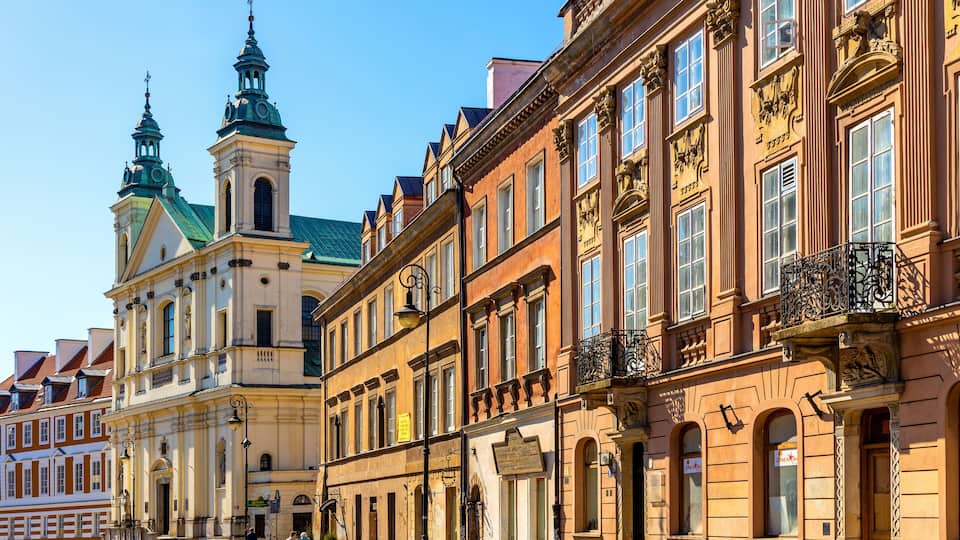 Panoramic view of historic New Town Nowe Miasto quarter with Pauline Order Church of Holy Spirit - kosciol sw. ducha - at Freta street in Warsaw, Poland