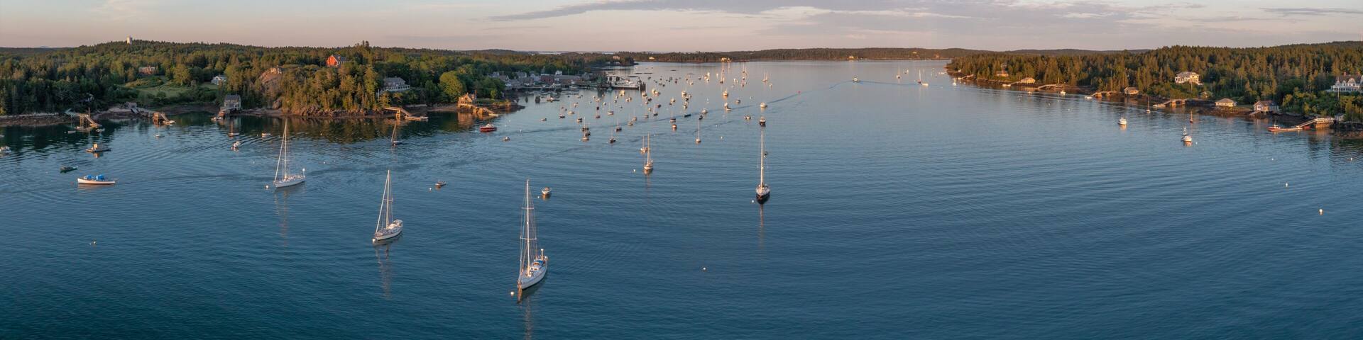 A calm bay with numerous sailboats anchored, surrounded by forested hills and a clear sky.