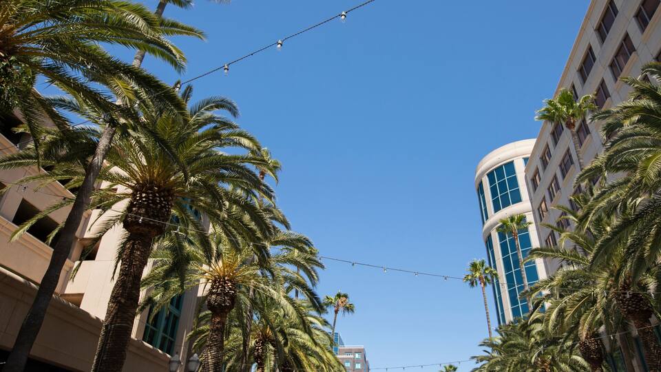 Late afternoon view of the downtown skyline of Anaheim, California, USA.