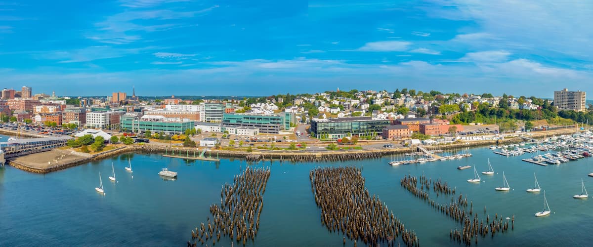 Panoramic view  of the harbor of Portland, Maine, New England, USA